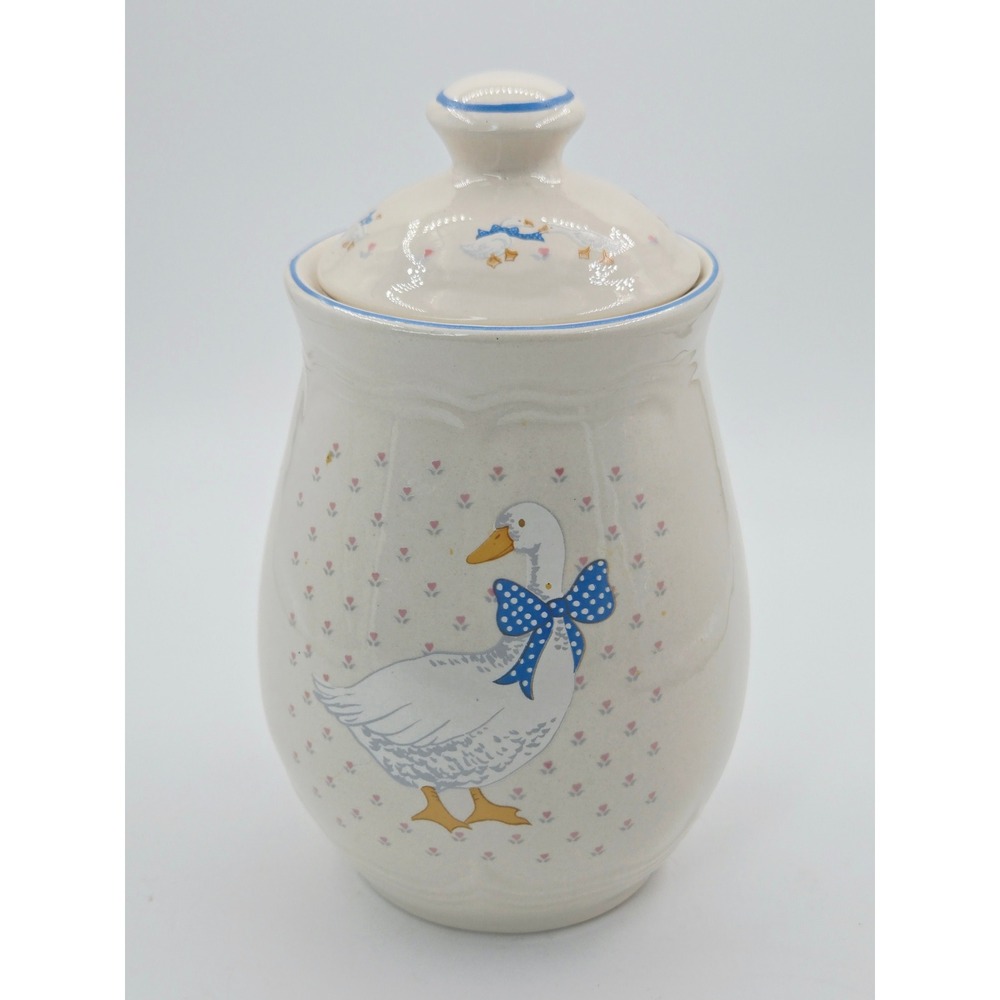 Tienshan Aunt Rhody Goose Small Stoneware Canister with Lid Blue Bow Vintage